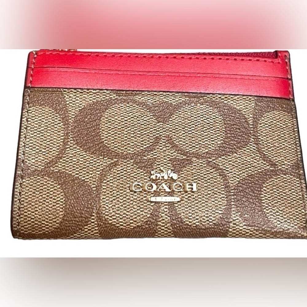 Coach Mini Skinny ID Case Wallet NWT Signature Canvas Brown Keychain Card